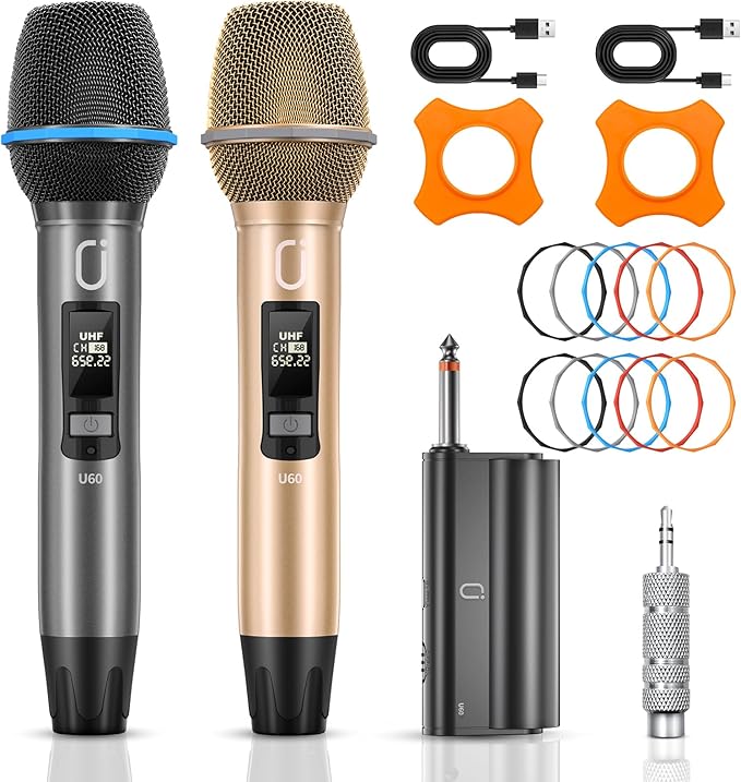 Wireless Microphones, Two UHF Microphones for Karaoke Singing, Rechargeable Dynamic Mic System with Receiver for Church, Party, Meeting, Speech, PA System, Plug and Play
