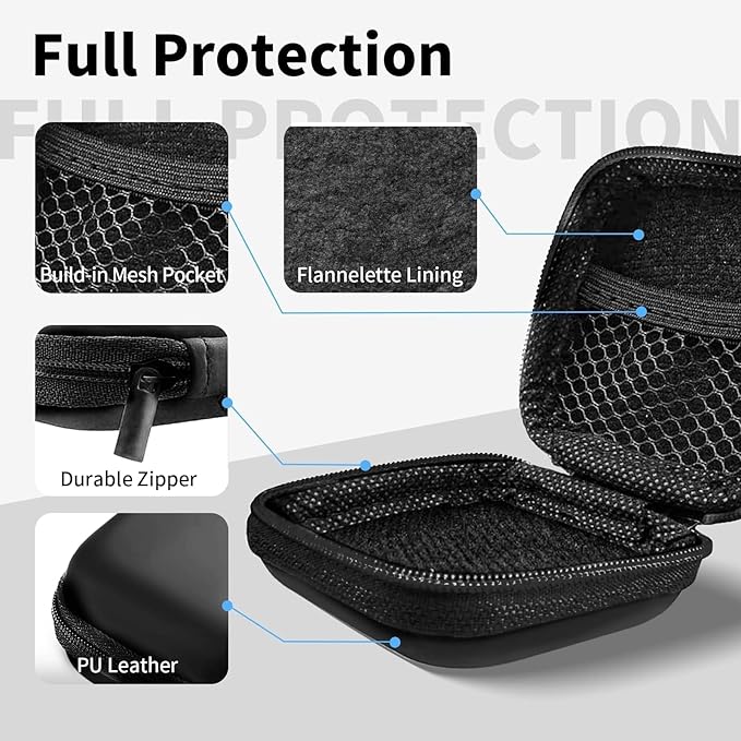 MOLOVA Square Earbud Case Portable EVA Carrying Case Storage Bag Tech Pouch Cell Phone Accessories Organizer with Carabiner for Earphone, Earbud, Earpieces, SD Memory Card, Camera Chips, Black