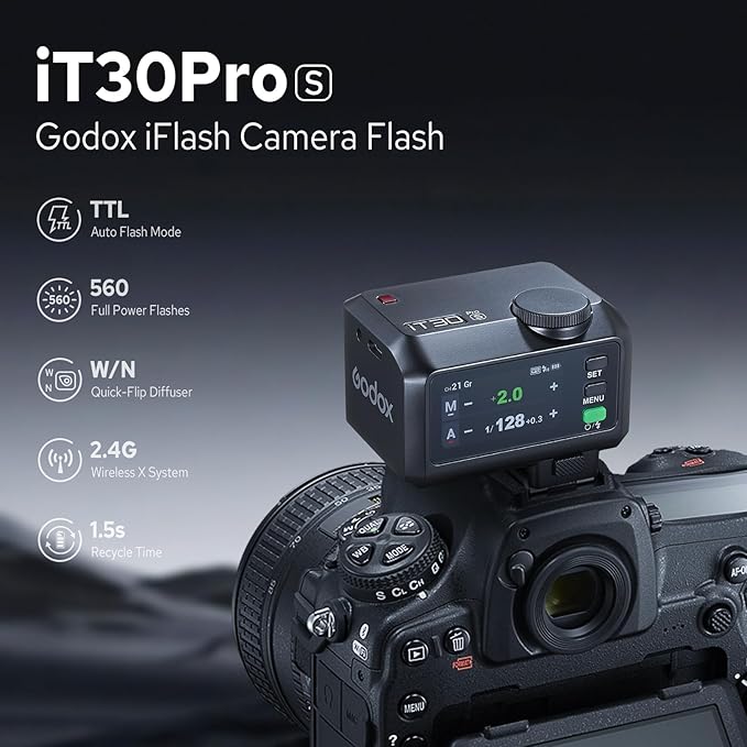 Godox iT30Pro S iT30Pro-S Flash for Sony, 2.4G Mini Sony Flash HSS 1/8000s, 560 Full Power Flashes, 2.8" Full-Color Touchscreen, Built-in Diffuser and Lithium Battery, TTL Auto-Exposure(Black)