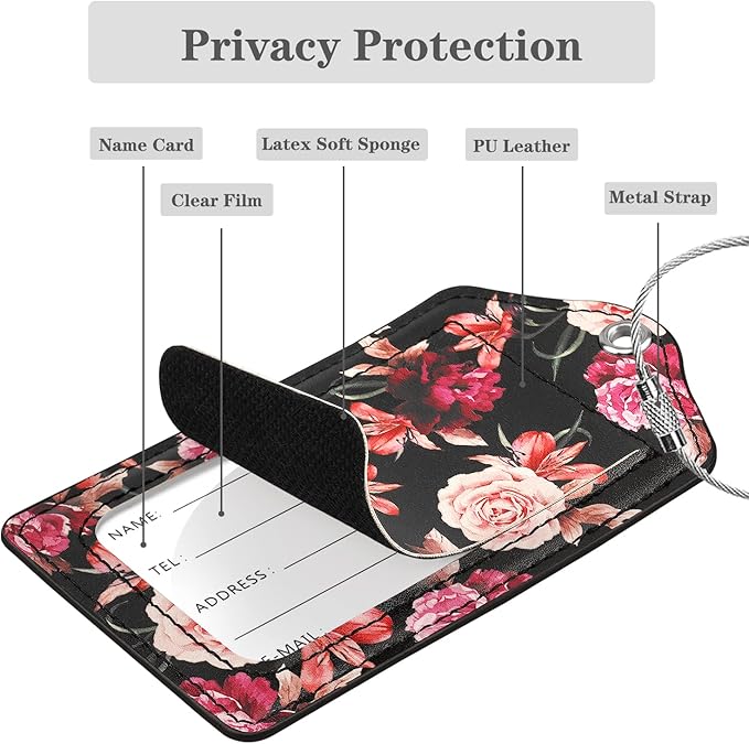 (Set of 2) Luggage Tag Leather Privacy Cover ID Label Address Card with Stainless Steel Loop, Travel Bag Tags Suitcase Labels, Black Flowers