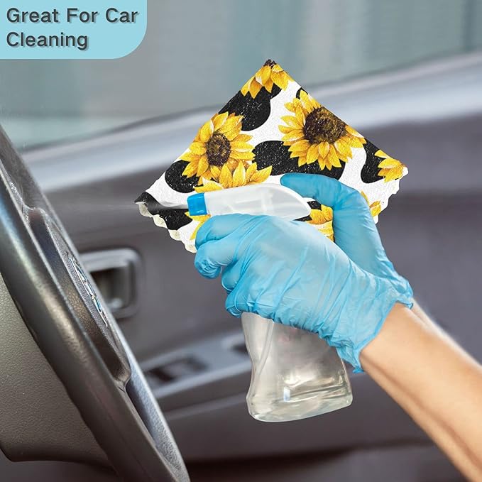 CaTaKu Sunflower Cow Kitchen Dish Cloths for Washing Dishes Reusable Cleaning Cloth Dish Towels Microfiber Washcloths Dish Rags for Kitchen, 6 Pack