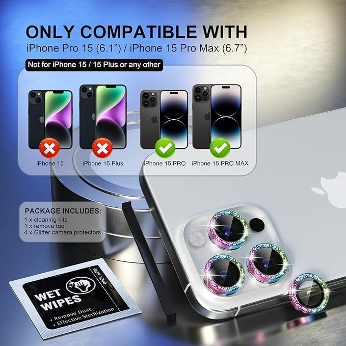 Choiche Compatible for iPhone 15 Pro/iPhone 15 Pro Max Camera Lens Protector Bling, 9H Tempered Glass Camera Cover Screen Protector Metal Ring Decoration Accessories (Glitter-Colorful)
