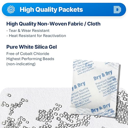 Dry & Dry 50 Gram [400 Packet] Silica Gel Packets Desiccants, Silica Gel Packs - Rechargeable Silica Packets, Silica Gel, Desiccant Packs for Food Storage