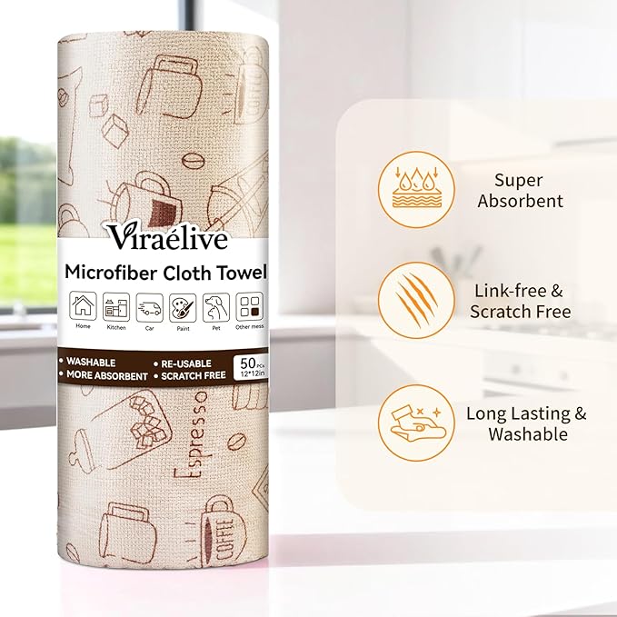 Microfiber Cleaning Cloth Roll, 50-Count Reusable Washable Rags, Absorbent Lint-Free Non-Scratch Streak-Free Tear-Away Barista Towels for Kitchen & Home, Bar & Studio, 12x12 in