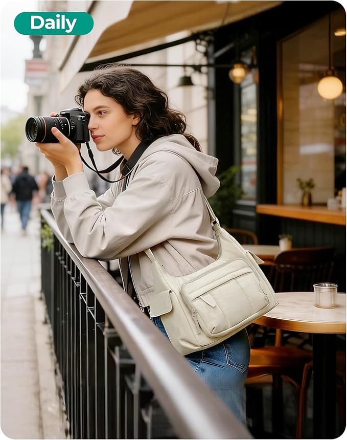 BAGSMART 2 in 1 Puffy Camera Sling Bag for Photographer, Everyday Shoulder Crossbody Bag with Pockets Digital Camera Case for DSLR/Mirrorless, Light Beige