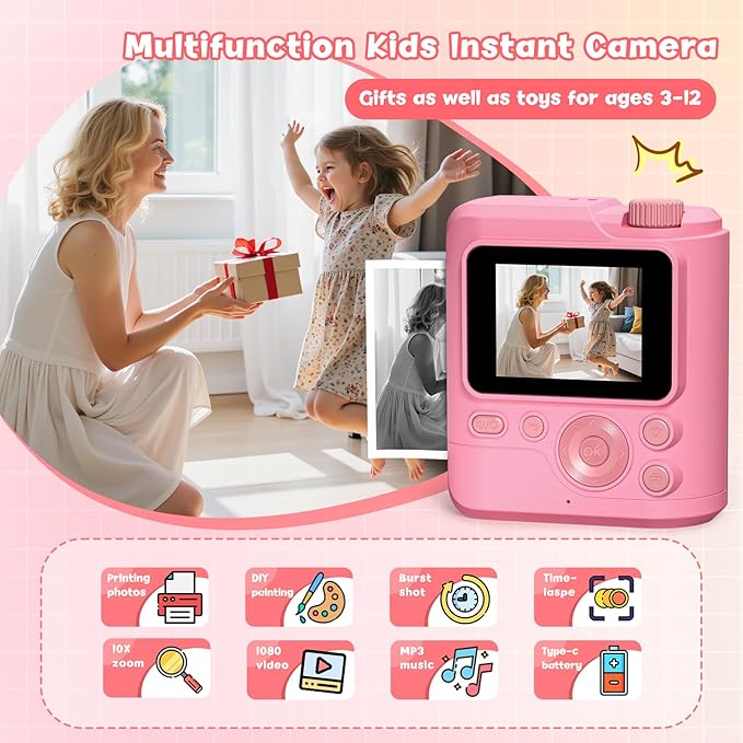 Kids Camera Gifts for Girls Boys - Christmas Birthday Xmas Gift for Girl Boy Age 3 4 5 6 7 8 9 10 11 12 Year Old - Instant Print Digital Toys Ages 3-5 6-8 8-12 Years Olds - Toddler Learning Kid Toy
