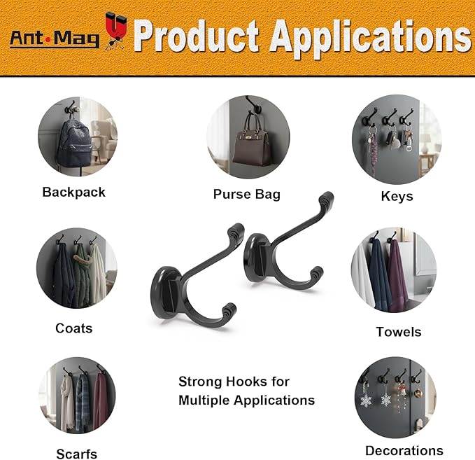 Ant Mag Magnetic Hooks Heavy Duty 140lbs Neodymium Magnet Wall Hooks for Hanging Coats Robes Backpacks Bags Hats Keys Mugs Cups Towels