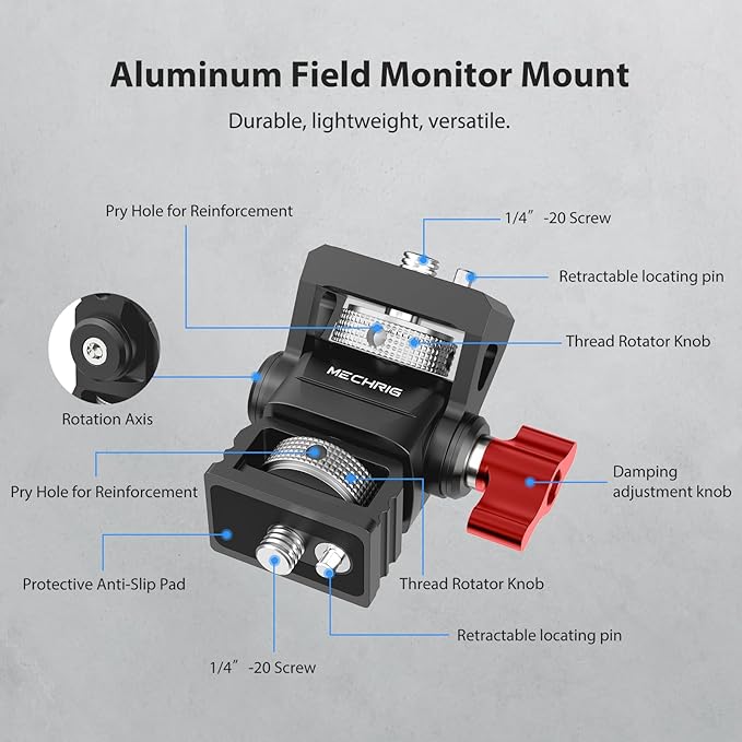 Camera Monitor Mount with 1/4″ Screw, Aluminum Field Monitor Mount for Video Light Microphone Cage, Monitor Holder 360° Swivel & 180° Tilt Damping 11lb Load Capacity (63145)