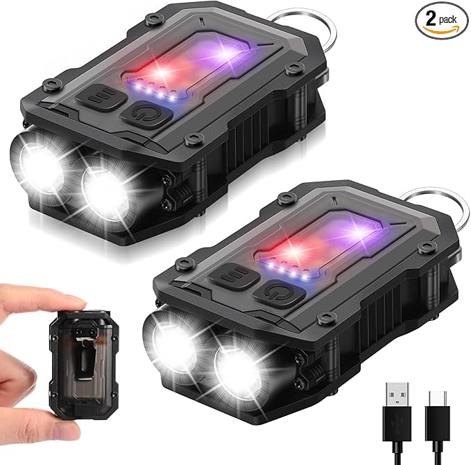2 Pcs Mini EDC Flashlight Rechargeable Small Keychain Flashlight with White Red Blue Light, 800 High Lumens Pocket USB C LED Cob Portable Flash Lights with Clip and Magnet, 8 Modes
