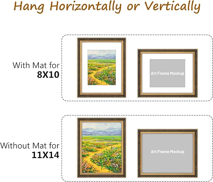 Golden State Art,11x14 Ornate Picture Frame for 8x10 Photo with Mat or 11 x 14 Prints Without Mat, Real Glass Wall Display Horizontally or Vertically (Color: Black Gold)