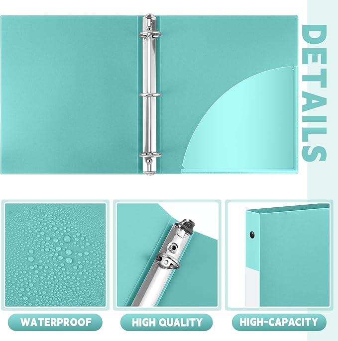Henoyso 16 Pcs 3 Ring Binder 1/2'' Round Fits Letter Size 8.5'' x 11'' Paper Plastic Flexible Binder Holds 140 Sheets with 1 Pockets Versatile Organizer for Home Office School (Mint Green)