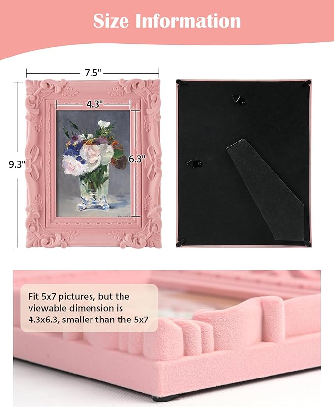 Pink Picture Frames 5x7 for Drawings Prints, Small Colorful Decorative Frame with Real Glass/Stand, Retro Ornate Memorial Frame Gift for Wedding Baby Shower Retirement (Light Pink)