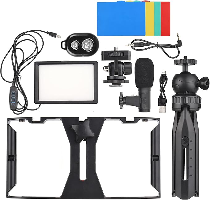 Andoer Smartphone Video Rig Vlog Kit Including Smartphone Cage with Phone Clamp 3 Cold Shoe Mounts USB LED Video Light 3200K-5600K Microphone Desktop Tripod Remote Shutter for Vlog Video Recording