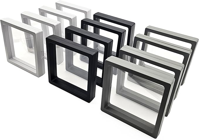 12PCS 3D Floating Frame Display Stand, Jewelry Box, Gift Box, Ornament Organizer, Small Travel Jewelry Box, PE Film Anti-Oxidation, Suspended Display Box Stackable (4.33 * 4.33, Type 1)