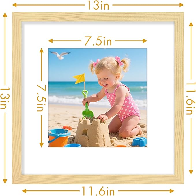 Vittanly 12x12 Picture Frame, Made of Solid Wood and Shatterproof Plexiglass, Display Pictures 8x8 with Mat or 12x12 without Mat, Wooden Photo Frame for Wall Mounting, Natural, 1 Pack