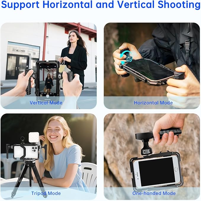 Phone Video Stabilizer Rig Kit: Phone Cage Rig for Video Recording with Handles LED Light Tripod - for Videomaker Videographer - for iPhone for Samsung for Pixel and Other Android Phones