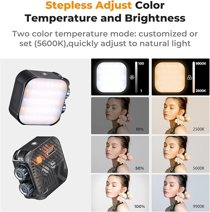 K&F CONCEPT Bi-Color LED Video Light, 2000mAh Rechargeable Portable Camera Lights, CRI 96+, 2500K-9900K, 15 Light Effects, Photography Lighting for Vlogging, Selfie, Black