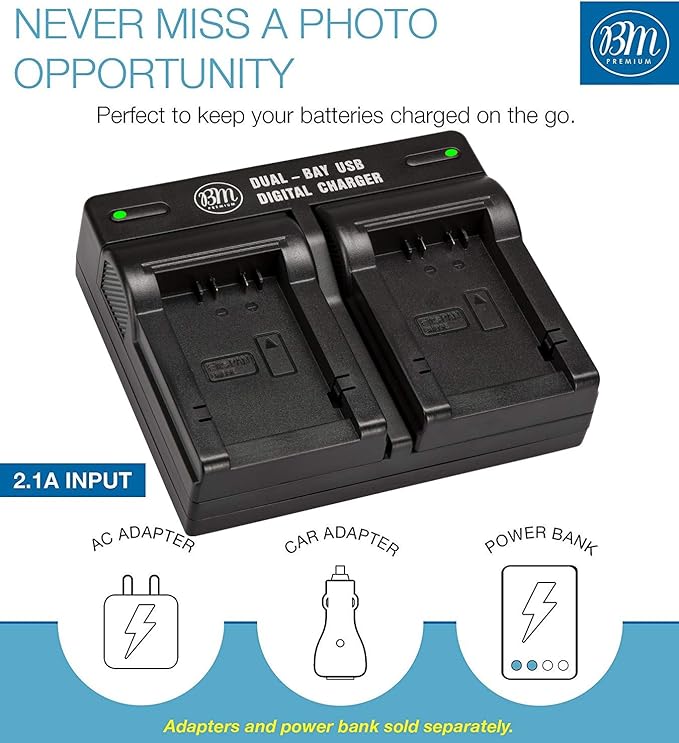 BM Premium DMW-BMB9 Dual Bay Battery Charger for Panasonic Lumix DC-FZ80, DC-FZ80D, DMC-FZ40K, DMC-FZ45K, DMC-FZ47K, DMC-FZ48K, DMC-FZ60, DMC-FZ70, DMC-FZ100, DMC-FZ150 Cameras (DE-A83BA Replacement)
