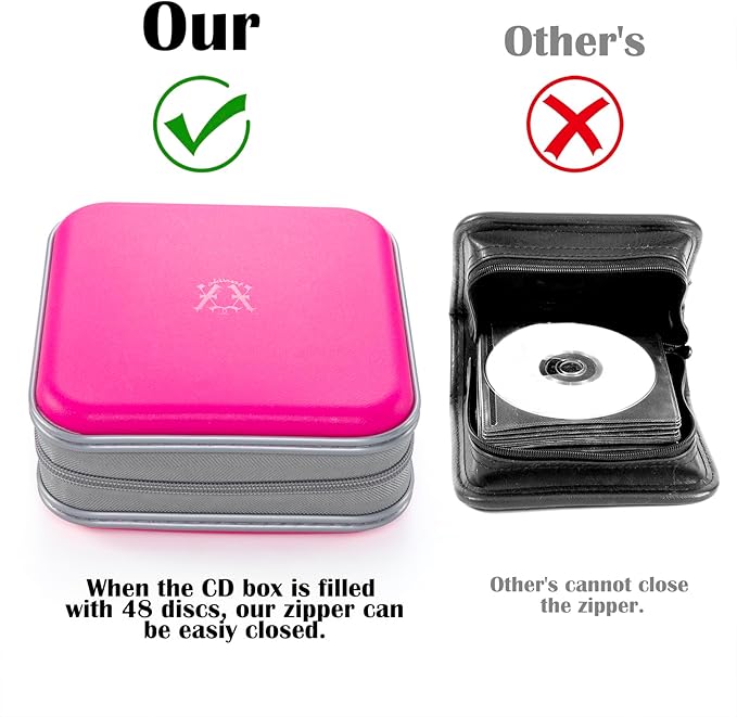 alavisxf xx 48 Capacity Hard Plastic DVD Case Portable Zipper CD Case Holder Large Storage Disc Wallet Bag for Car Home Travel (Hot Pink)