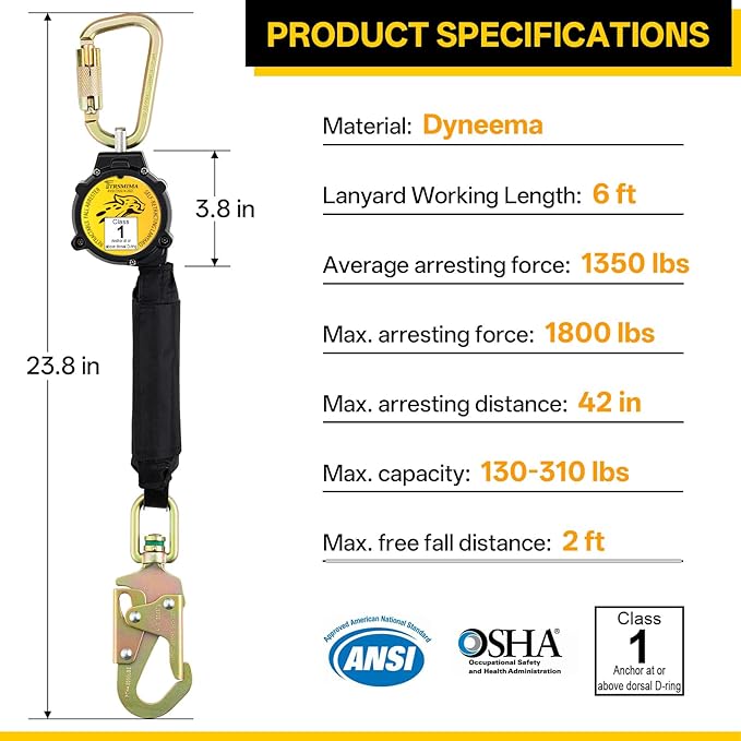 TRSMIMA Retractable Lanyard Fall Protection: 6FT Webbing Self Retracting SRL Fall Arrest for Safety Harness Construction Workers