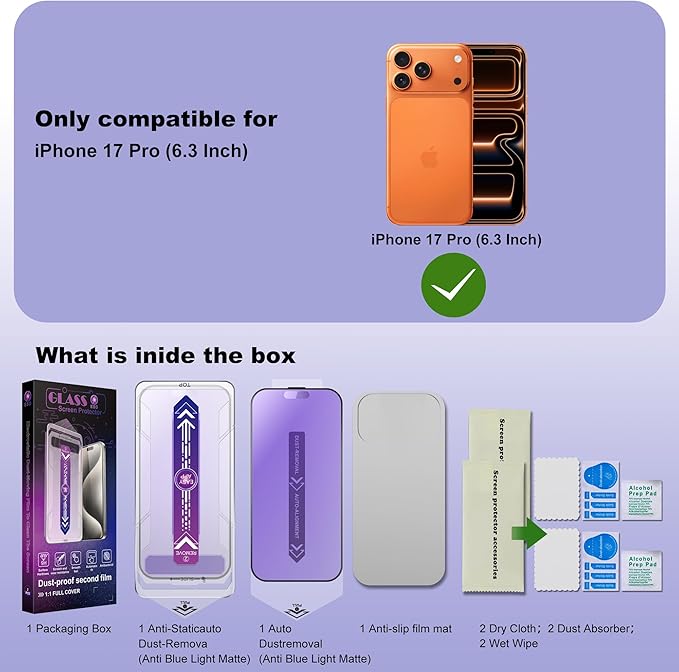 SHANG PIN JIA 2 Pack Anti Blue Light Matte Screen Protector for iPhone 17 Pro 6.3-Inch Auto Dust Removal, No Bubbles, Tempered Glass Film, Easy Installation