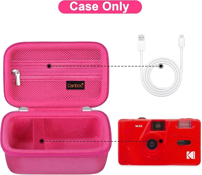 Canboc Carrying Case for KODAK EKTAR H35/ H35N/ KODAK Snapic A1 Film Camera, H35/ Snapic A1 Film Camera Bag, Zipper Mesh Pocket fits Film, Batteries, USB Cable, Rosered (Case Only)
