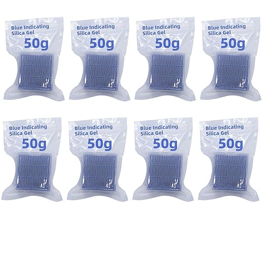 Blue Indicating Silica Gel Beads 8 Packs 50 Gram Desiccant Functional Hard Plastic Canister Dehumidifier Moisture Absorb Box Dryer for Camera Microscopes Telescopes