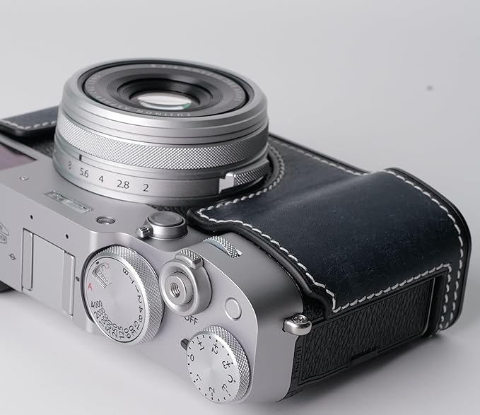 Genuine Leather Camera Half Case for Fujifilm X100VI - Top Layer Cowhide Body + Metal Base Plate - Hand Shank Free Design (Dark Blue)