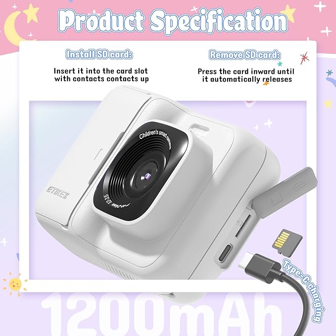 ETIKEZ Kids Camera, 1080P Instant Digital Print Camera for Kids, Christmas Birthday Gifts for 4 5 6 7 8 9 10 Year Old Girls Boys, Portable Toy with 32GB SD Card & 3 Rolls Printing Paper, White