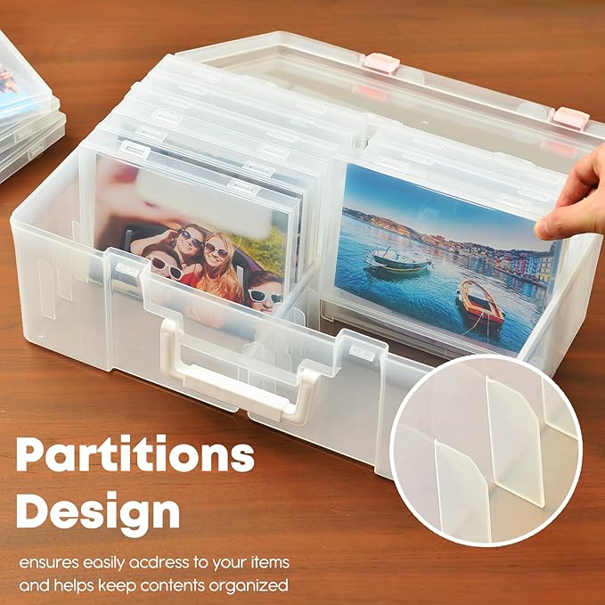 ALINK Photo Storage Box 5" x 7" with Handle, 18 Pcs Clear Photo Containers Organizer and Craft Keeper, Portable Picture Case with Label for Arts, Crafts, Sewing, Stickers, Office Supplies