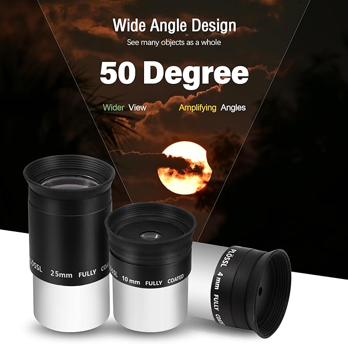 Astromania Telescope Accessory Kit Eyepiece Set with Three Plossl Eyepieces Including 4mm 10mm 25mm and Barlow Lens 2X, FMC Telescope Lense for 1.25 inch Astronomical Telescopes & Astronomy Filters