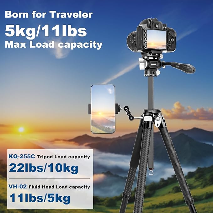 Koolehaoda Video Travel Tripod, 63" Lightweight Camera Tripod with 360° Panorama Fluid Head, Quick Release Leg Setup for Travel, Video, Live Streaming, Vlogging