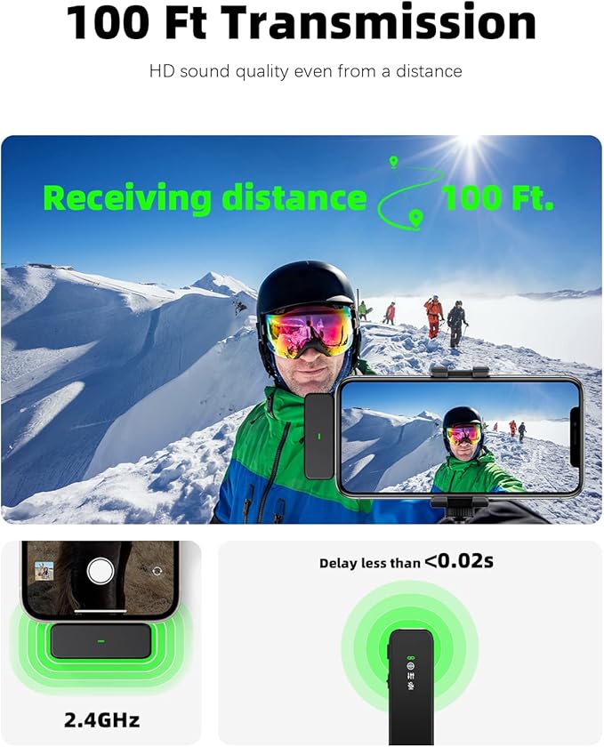 Wireless Lavalier Microphone for iPhone 15 16 & Android with Noise Cancellation, 100ft Transmission, 18H Battery Life, USB Type-C Wireless Lapel Microphone for Video Recording, Vlog, Streaming