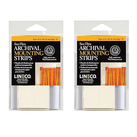 Lineco See-Thru Polyester Mounting Strips, Hingeless Mount Artwork to Mats, Sturdy for Prints, Documents, Photos, Paper and More. 4 inches, Pack of 24