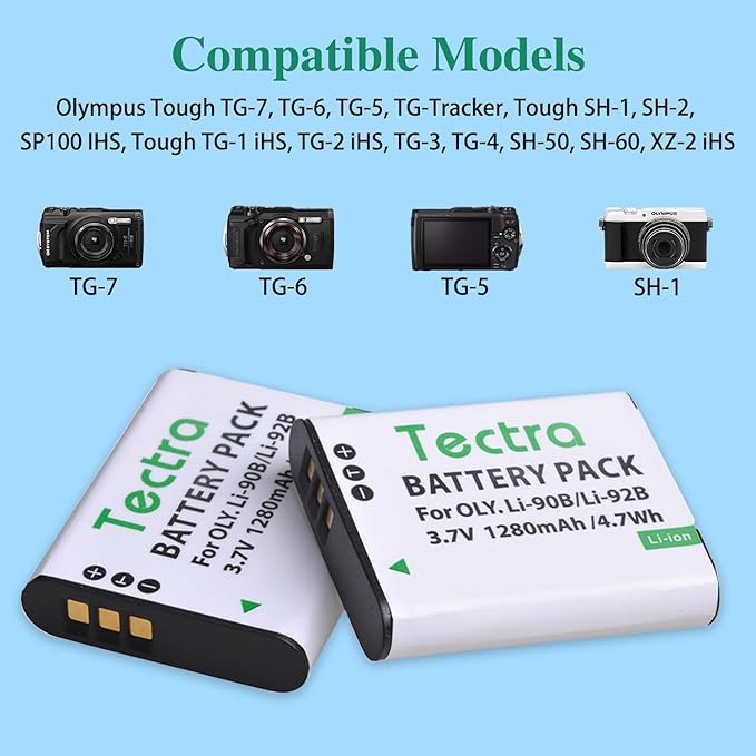 Tectra 3-Pack Li-90B Li-92B DB-110 Battery + Charger for Olympus Tough TG-7, TG-6, TG-5, TG-Tracker, SH-1, SH-2, SP-100 IHS, Tough TG-1 iHS, TG-2 iHS, TG-3, TG-4, SH50 iHS, SH60, XZ-2 iHS