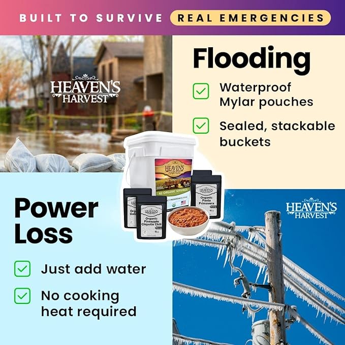 Heaven’s Harvest 25-Year Organic Family Food Kit — Emergency Food Supply. Freeze Dried Survival Food Kit + Water-Proof 25-Year Storage Bucket. MRE Meals, Non-Perishable Camping Food (62 Servings)