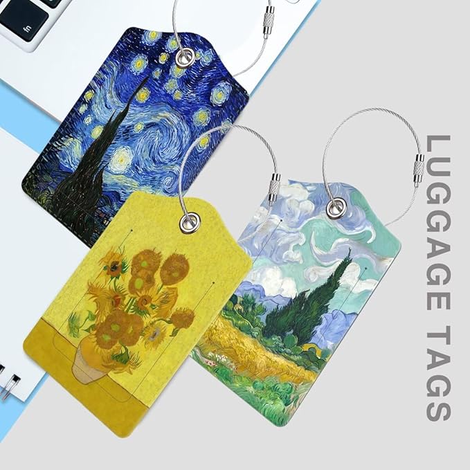3 Pcs Luggage Tag for Suitcase, Travel Cruise Leather Bag Tags Identifiers Privacy Cover ID Label with Durable Steel Loop for Women Men Kids Girls Travel, Oil Painting