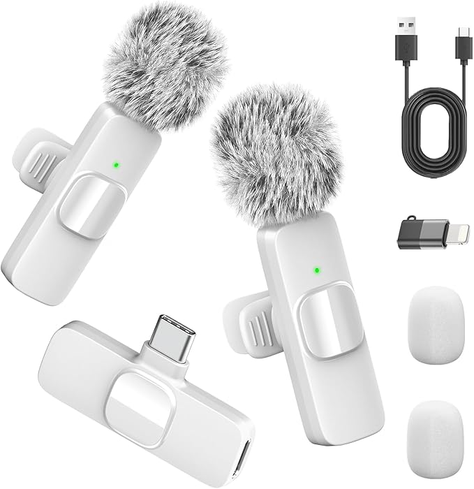 White Wireless Lavalier Microphone for iPhone & Android - Mini Clip-On Mic with Noise Cancellation 2 Pack Lapel Mic Plug and Play Wireless Mic for Video Recording Interview Podcast Vlog YouTube