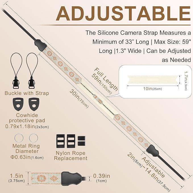Neck Strap Silicone Camera Straps - Padded Camera Strap, 1.5" Wide Adjustable Nylon Shoulder Strap - Compatible with Canon, Nikon, Sony, and More DSLR and Mirrorless Cameras (Khaki Green)