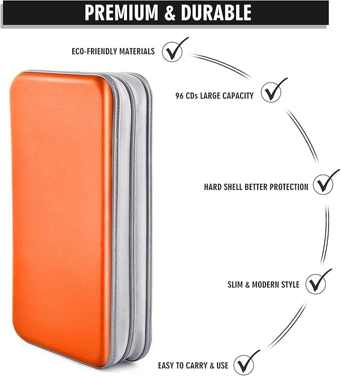 DVD Case, Bivisen CD Case Holder Wallet Binder 96 Capacity CD/DVD Cases Storage Holder Binder Organizer Wallet Book for Car Home Travel (Orange)
