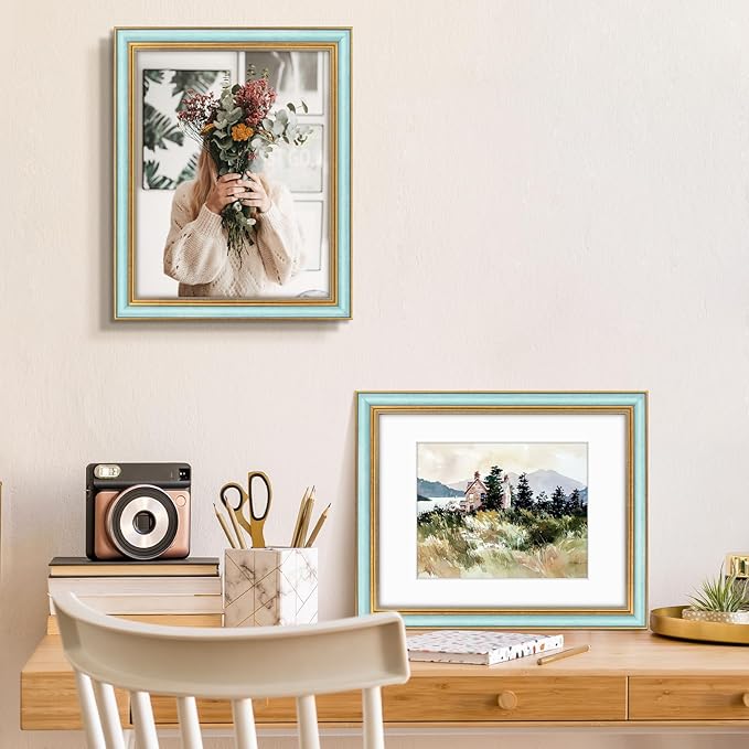 Golden State Art,11x14 Ornate Picture Frame for 8x10 Photo with Mat or 11 x 14 Prints Without Mat, Real Glass Wall Display Horizontally or Vertically (Color:Blue Gold)