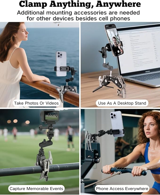 HEIPI Super Clamp Phone Camera Mount Holder 2-in-1 Clamp & Stand Design with 1/4"-20 & 3/8"-16 Screw Mount Adapter Holder Max Clamping 3.93 inch for Tripod Accessories, Phone, Action, DSLR Camera