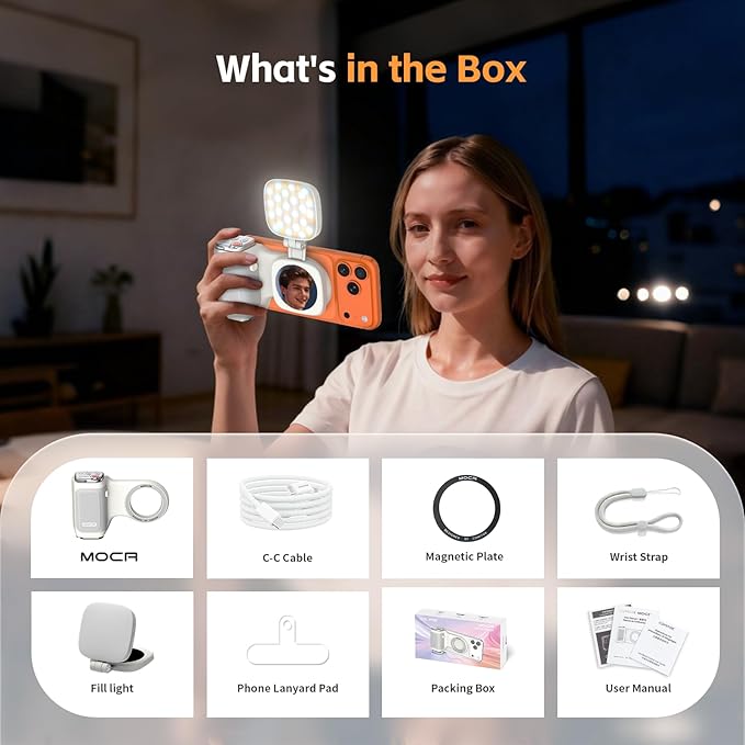 COMITOK iPhone Camera Grip MOCA with Magnet Fill Light & Mirror for 17 Pro iOS26 Native Camera, Fun Shot Magnetic Grip for Phone Compatible iOS17 and iOS18 with Anti-Drop Detachable Remote & Keychain
