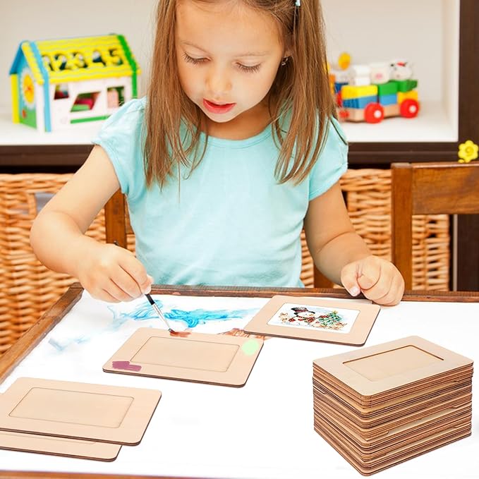 kukmakri 30 PCS Unfinished Wooden Picture Frames Set with 4.72 x 6.81 inch Photos, Wooden Frames for Crafts, Standing Postcard & Photos Picture Frame Set –Suitable for Crafts DIY, Souvenir Decoration