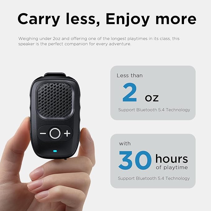 Wearable Bluetooth Speaker, 30H Working Time Clip-On Wireless Jobsite Pro Water-Resistant Portable Speaker, Built-in Mic for Hands-Free Music and Calls (Black)