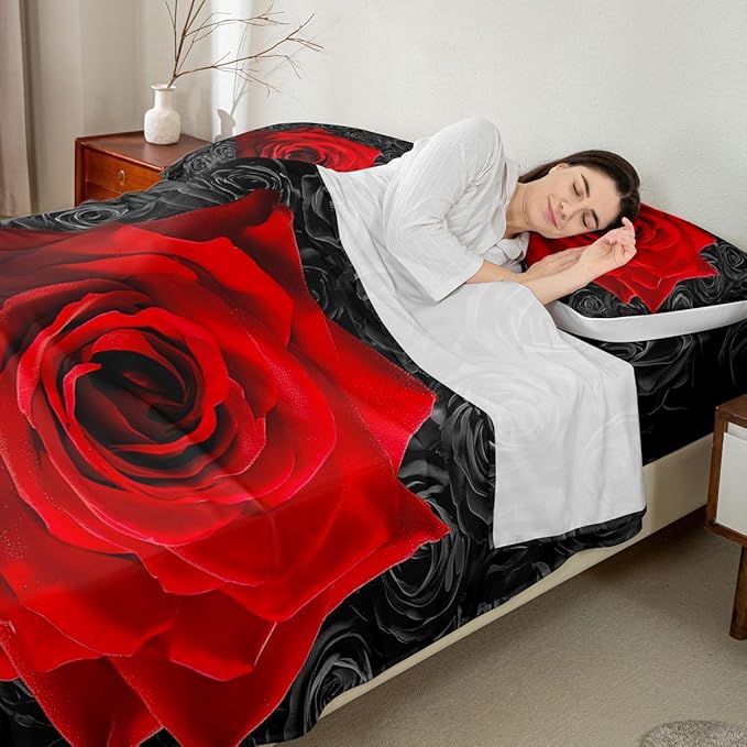 Erosebridal Red and Black Rose Sheet Sets Full - Valentine's Day Bedding for Women Girls, Love Romantic Moment Print Fitted Sheet, Blossom Flowers Bed Sheet 4 Pcs With 2 Pillowcases