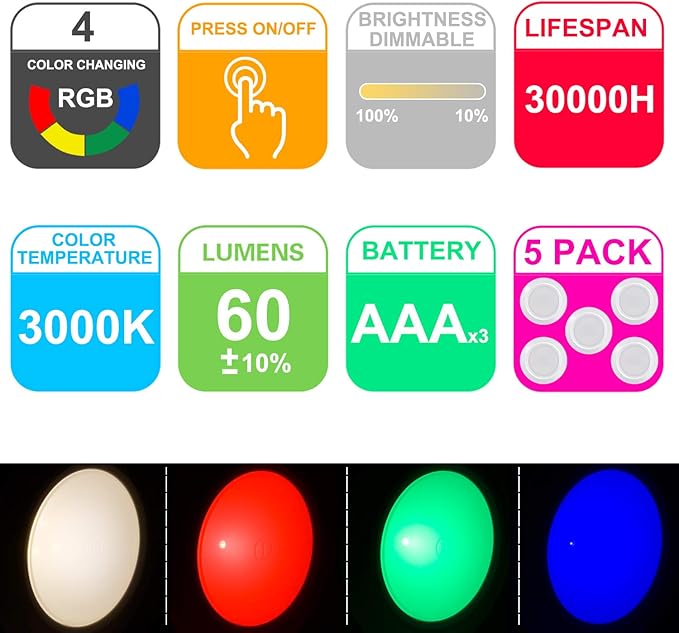 HONWELL Tap Light Wireless Touch Cabinet Light Multi Colored Push Counter Lights Dimmable Battery Powered RGB Puck Lights Stick on Voice Level Lights for Classroom Closet Shelf(5Pack)