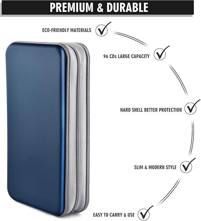 DVD Case, Bivisen CD Case Holder Wallet Binder 96 Capacity CD/DVD Cases Storage Holder Binder Organizer Wallet Book for Car Home Travel (Dark Blue)