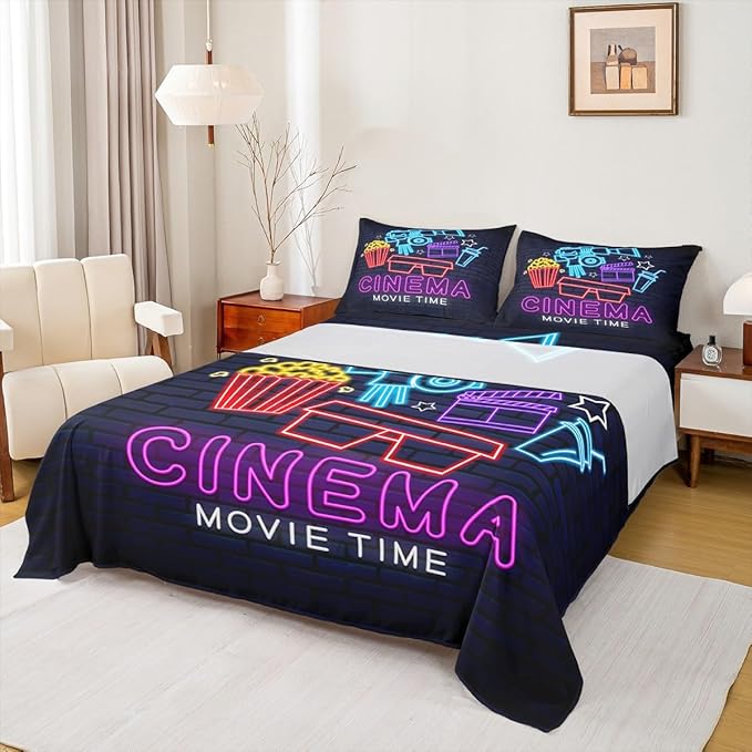 Erosebridal Movie Bed Sheets Set for Boys Girls Family Home Theater Decor Sheet Set King Size Retro Film Style Sheets Movie Themed Fitted Sheet Vintage Popcorn Print Flat Sheet