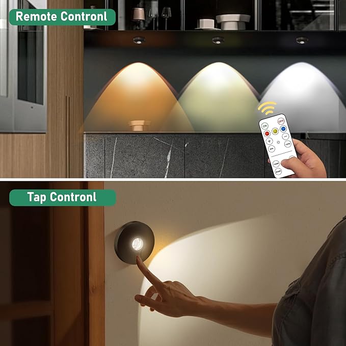 Rechargeable Puck Lights,LED Under Cabinet Lighting,2000mAh Battery Operated Tap Stick on Lights,Touch&Remote Controls Dimmable Wireless Closet Light for Kitchen (Black-3color, 6)